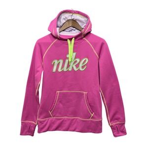 Nike‎ Therma-Fit Script Pullover Hoodie Pink Neon Green Thumbholes M